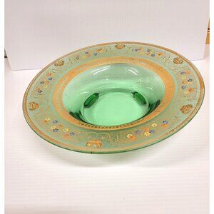 Westmoreland 12'' Green Glass Serving Bowl Hand Painted Gold & Enamel Accents